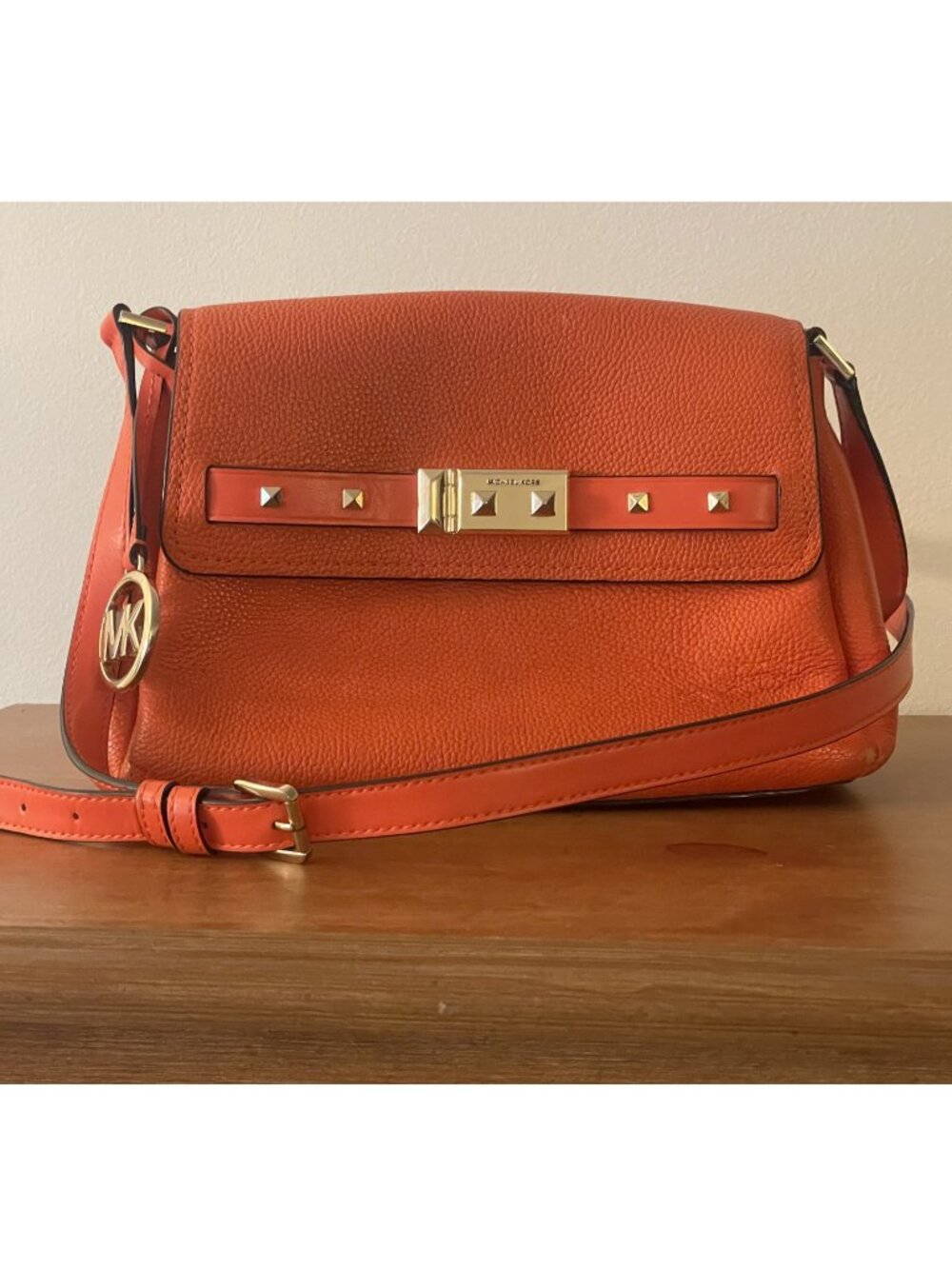 Michael Kors Addison Small Messenger Bag Womens Orange Pebbled Leather Purse